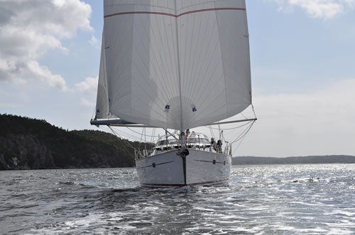 Simbo Rig displaying leeward jib fully powered by borrowed wind 